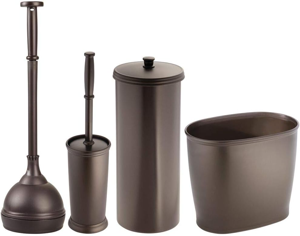 mDesign Modern Plastic Bathroom Storage and Cleaning Accessory Set - Includes Toilet Plunger, Bowl Brush, 3-Roll Toilet Paper Canister with Lid, Wastebasket Trash Can/Garbage Bin - 4 Pieces - Bronze: Home & Kitchen