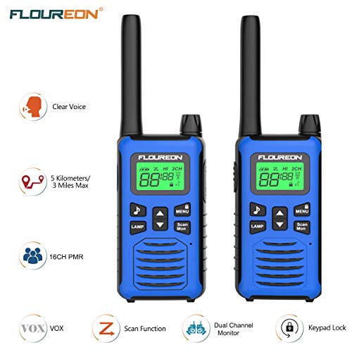 FLOUREON Talkie-Walkie Rechargeable Lot de 4 16 Canaux Radio Bidirectionnelle comme Jouet Emetteur-récepteur Portée 5km Max. Intercom Léger Compact Auto Scan Bleu