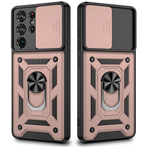 VEGO Compatible for Galaxy S22 Ultra Case with Slide Camera Cover, Magnetic Ring Stand Heavy Duty Protective Cover Case for Samsung Galaxy S22 Ultra 5G 6.8 inch - Pink