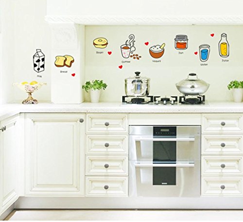 BIBITIME Kitchen Wall Art Decals Coffee Yogurt Jam Water Milk Bread Juice Vinyl Sticker for Glass Window Tile Fridge Locker Cabinet Small PVC Decorations - Thumbnail 3
