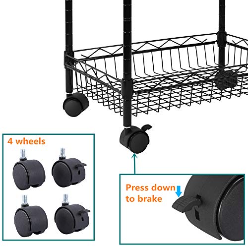 YOHKOH 3-Tier Metal Rolling Utility Cart, Storage Trolley Cart with Mesh Baskets and Lockable Wheels Adjustable Shelves for Bathroom Kitchen Office Black