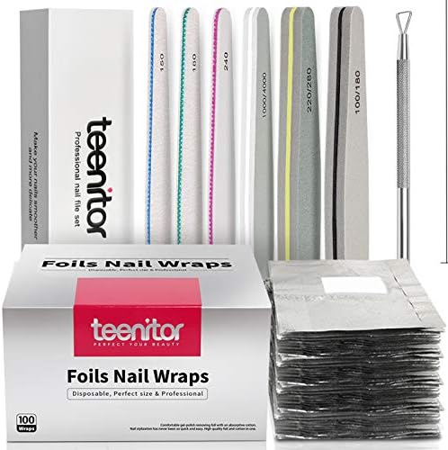 Teenitor Gel Offset, 6 Nail Files, 1 Nail Off Pusher, 100 Aluminum Foil with Cotton, Gel Off Remover, Acrylic UV Gel Off Nail Supplies