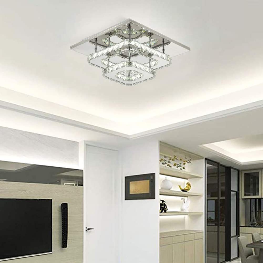 XEMQENER Crystal Chandelier Ceiling Light 36W LED Flush Mount Lighting Fixture for Lounge Living Room Bedroom Hallway (Double Square, Cool White)