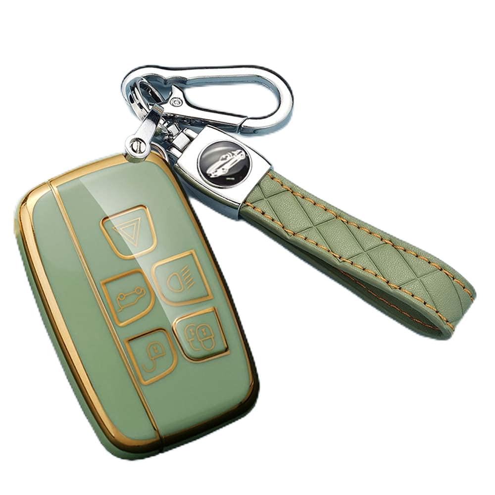 HIBEYO Smart Car Key Case Fits Land Rover Protective Case Key Cover TPU for Jaguar XF XJ XJL Range Rover Sport Discovery 4 Evoque Key Chain Key Box 5 Buttons (A Green)