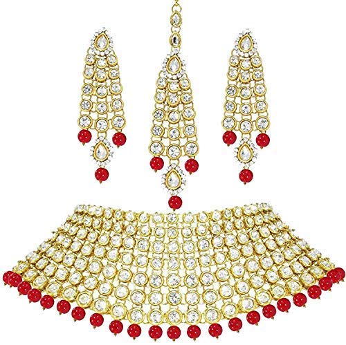 Devaram creation-Line Kundan Red Choker Necklace Set with Mangtika & Earrings for Women (RED)