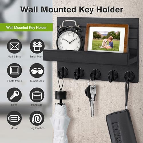 Kldgris Key Rack with Shelf, Decorative Wooden Wall Shelf, Key Rack Wood Black, with 5 Key Hooks, for Entrance, Hallway, Bedroom, Living Room