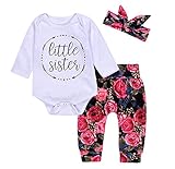 3Pcs Cotton Newborn Baby Girls Tops + Flower Pants + Headband Clothes Outfits Set (0-6M, White)