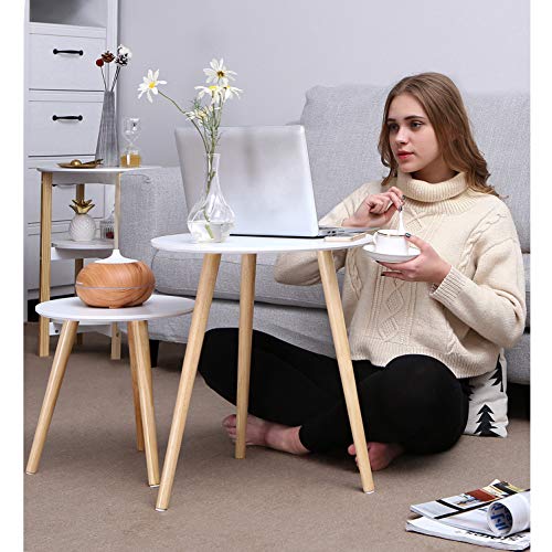 SONGMICS Round Coffee Table, Modern Minimalist Table, Set of 2 Coffee Tables with Pine Wood Legs, Scandinavian Style, for Living Room, Balcony, White and Natural LET07WN
