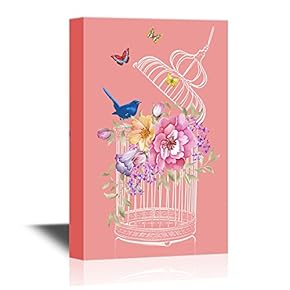 Canvas Wall Art - Bird and Bird Cage with Flowers and Butterflies - Gallery Wrap Modern Home Art | Ready to Hang - 12x18 inches