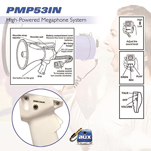 Pyle Megaphone PA Bullhorn Speaker - Built-in Siren 50 Watts Rechargeable Battery- 10 Sec Record Function for Football Baseball Basketball Cheerleading Fans Coaches or for Safety Drills - (PMP59IR)