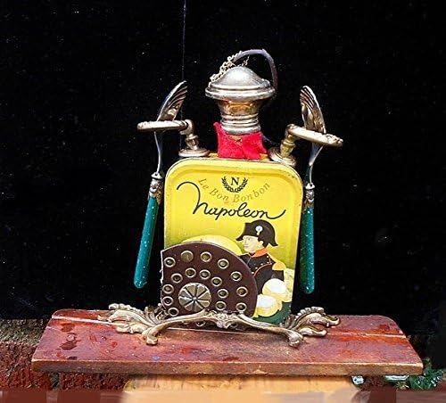 Napoleon, THE ROBOT Handmade Steampunk Napoleon Tin, SterlingTop, Pair Silver Green Spoons, Faux Leather, 3 Gothic Drawer Pulls. ONE OF A KIND!