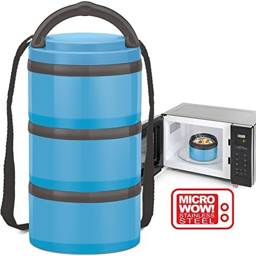 Insulated Stainless Steel Microwavable 3-Tier Lunch Box - For Hot and Cold Food Meals and Beverages – Stackable Containers with Handle and Shoulder Strap - Airtight Seal - Perfect for Travel On the Go