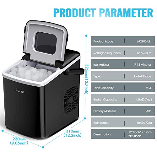 Colzer Portable Electronic Ice Maker Machine, Countertop Ice Maker,Make 9 Ice Cubes within 6-13 Minutes,33lbs Ice in 24 hours,Water Tank and Ice Scoop, Home,Kitchen,Bar,KTV (black)