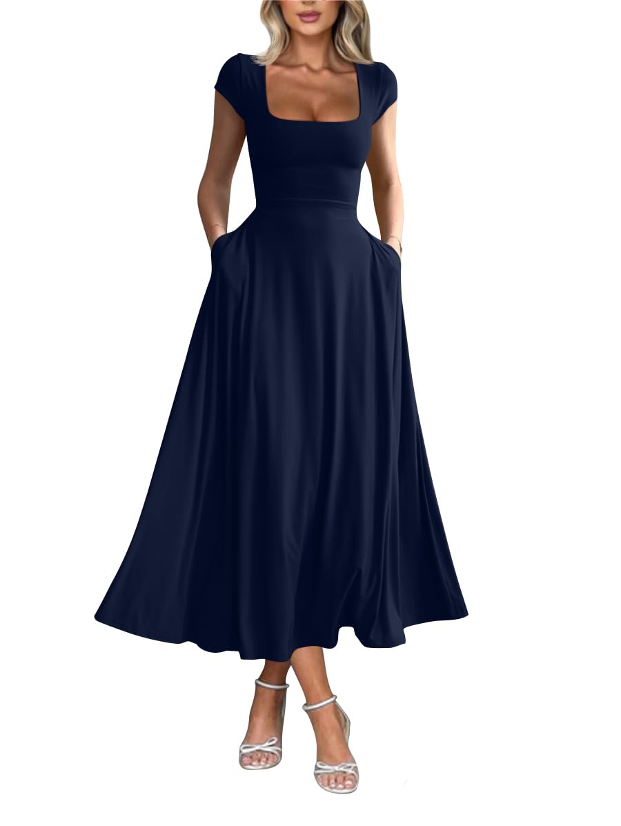 Photo 1 of YMDUCH Women's Casual Short Sleeve Square Neck Solid Slim Flowy Maxi Dress with Pockets Navy