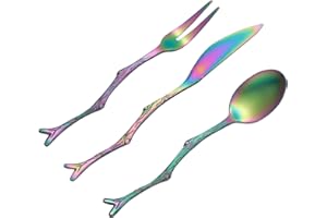 SUPVOX Vintage Stainless Steel Flatware 3pcs Set – Dazzling Black Branch Knife, Iridescent Branch Spoon