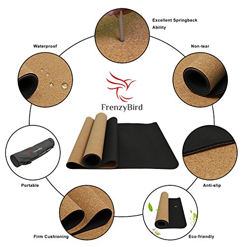 FrenzyBird 5mm Natural Cork Yoga Mat with Oxford Mat Bag and Strap, Non-Slip, Double-Sided,Antimicrobial,Free of PVC and Other Harmful Chemicals, for Yoga,Hot Yoga and Pilates - Thumbnail 6