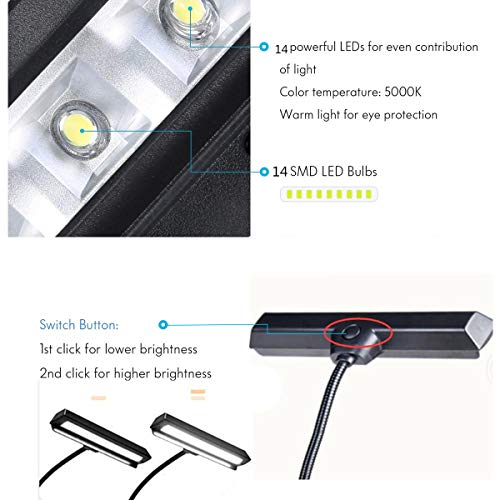 Lightess Clip On Music Stand Lights 14 LED Book Lights Adjustable Piano Lamp Portable USB Desk Lamp, 2 Pack