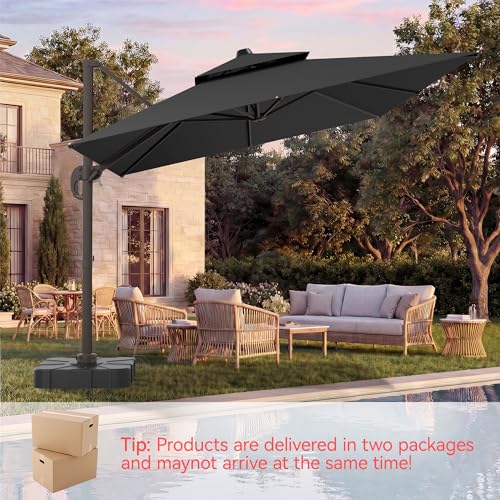 9x12 FT Patio Umbrella with base, Large Cantilever Rectangular Double Top Heavy Duty Offset Umbrellas with 360° Rotation, Outdoor shade for Garden Deck Pool, Gray