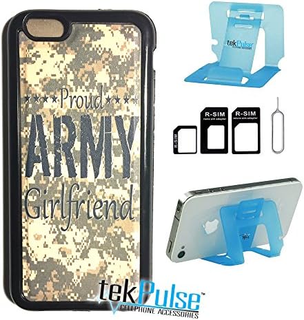 TekPulse (tm) Proud Army Girlfriend Camo USA Real Leather TPU Back Cell Phone Case &amp; Nano Sim Card Adapter &amp; Collapsible Cell Phone Stand - [3 pcs] - Direct Print Technology Fits Apple iPhone 6 Plus
