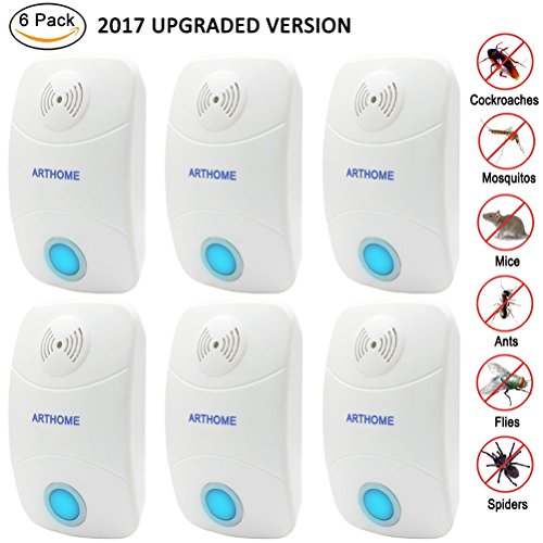 6-pack Ultrasonic Pest Control Repeller, ARTHOME Electronic Plug In Best Repellent for Insects Cockroach, Rodents, Flies, Roaches, Ants, Spiders, Fleas, Mice, Rats [free Night Light] (White)