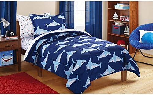 Mainstays Kids 5-Piece Bed in a Bag Coordinating Bedding Set, Twin (Blue Sharks)