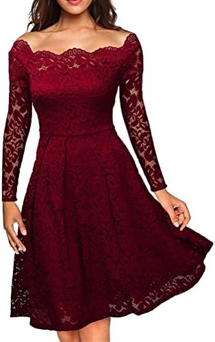 Lifeng Womens Vintage Floral Lace Long Sleeve Boat Neck Cocktail Formal Swing Party Dress