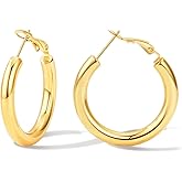 30MM Small Thick Gold Hoops Earrings for Women 14K Gold Plated Titanium Chunky Hoop Earrings
