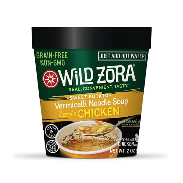 WILD ZORA CHICKEN NOODLE SOUP CUP, 4 PACK, PALEO, AIP FRIENDLY, GLUTEN-FREE, GRAIN-FREE VERMICELLI GLASS NOODLES, INSTANT RAMEN STYLE WITH REAL MEAT AND SWEET POTATOES, UMAMI FLAVOR, MADE IN USA