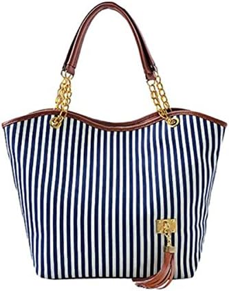 coolcoo2 Fashion Stripe Design Women Street Snap Candid Tote Single Shoulder Canvas Bag Handbag Blue
