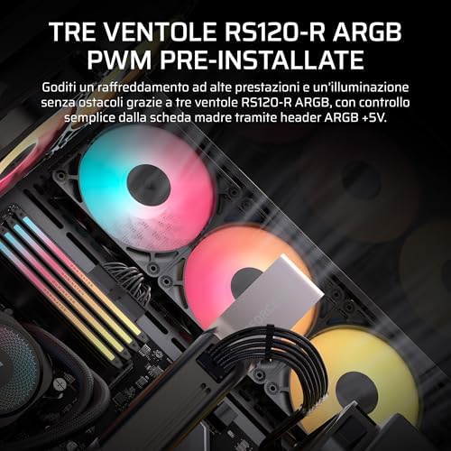 3500X RS-R ARGB Case PC Mid-Tower Panoramico – 3 Ventole RS120-R ARGB Preinstallate, Compatibile con Fino a 10 Ventole da 120 mm, Scheda Madre con Connessione Inversa Compatibile – Nero