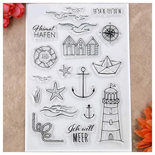 Kwan Crafts Lighthouse Starfish Compass Seagull Clear Stamps for Card Making Decoration and DIY Scrapbooking
