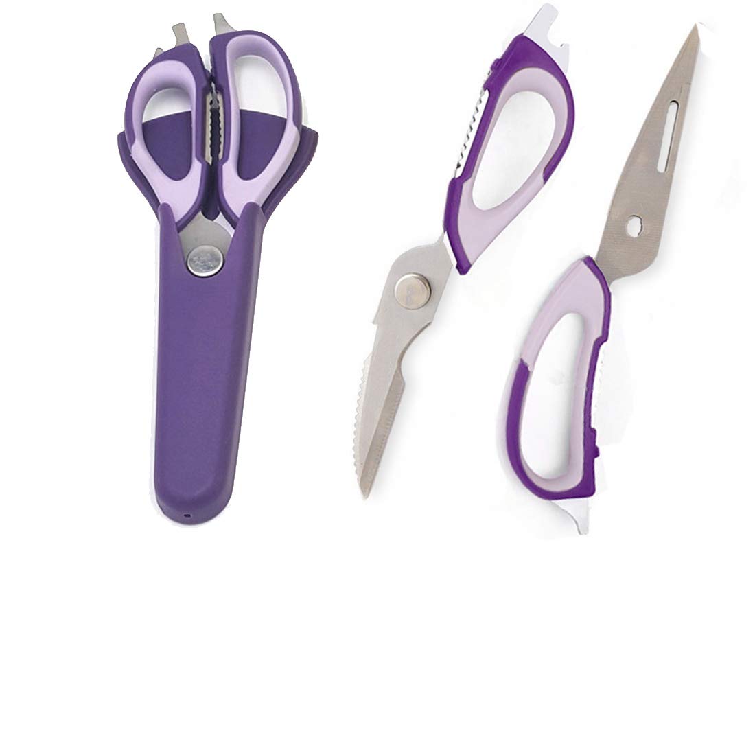 Multifunction Kitchen Scissors, 7-in-1 Heavy Duty Stainless Steel Culinary Scissor with Magnetic Holder, Detachable Household Kitchen Shear for Cut Poultry Bone Vegetables Fruit Seafood (Purple)