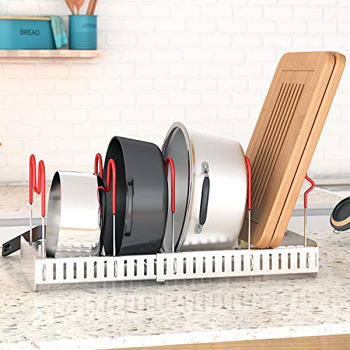 Lifewit Expandable Pan and Pot Lid Organizer Rack Holder Adjustable Kitchen Cabinet Pantry, 5-Tier Compartments Cupboard Bakeware Lid Plate Holder, Silver and Red