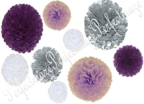 Perfectmaze Purple Shades Pom Pom Set Mix 3 Sizes 8" 10" 15" for Wedding, Birthdays, Celebrations