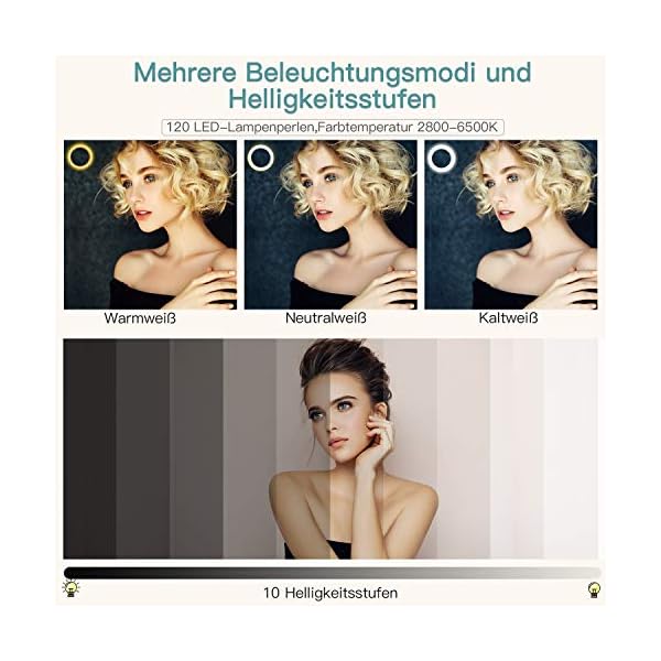 LED Ringlicht mit Stativ Handy, 10" Selfie Ringleuchte mit Fernbedienung und Doppel Handyhalter mit 3 Farbe&10 Helligkeitsstufen für YouTube TikTok Fotografie Live-Streaming [Tischstativ inklusive] – Bild 3