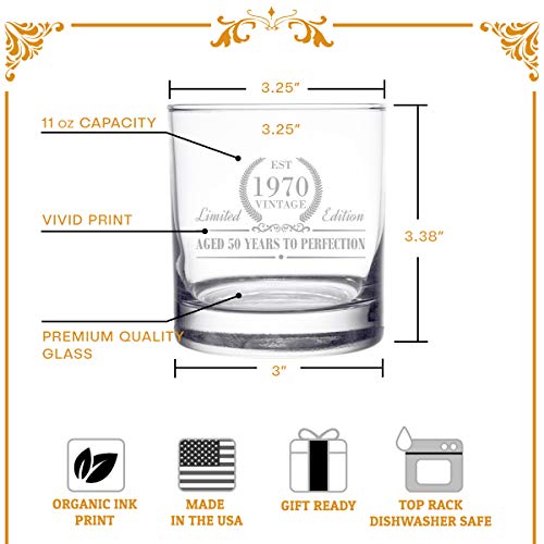 1970 Vintage Edition Birthday Whiskey Scotch Glass (50th Anniversary) 11 oz- Elegant Happy Birthday Old Fashioned Whiskey Glasses- Classic Lowball Rocks Glass- Cool Birthday Gift, Reunion Gift