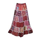 Women's Long Skirt Maroon Printed Patchwork Gypsy Flared Maxi Skirts