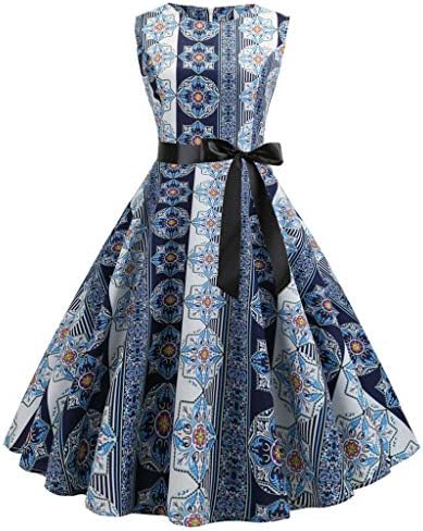 CieKen Print Dress, 2019 Women Retro Sleeveless O Neck Print Evening Party Prom Swing Dress for Women