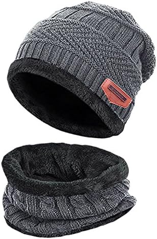 T WILKER2Pcs Kids Winter Knitted Hats+Scarf Set Warm Fleece Lining Cap for 5-14 Year Old Boys Girls