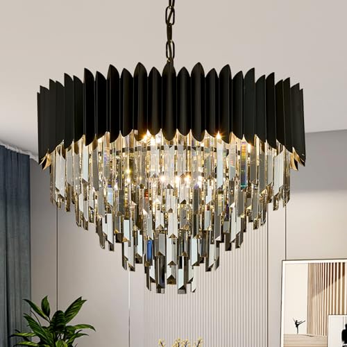 PAFRUMGE - Lámpara de araña de vidrio grande de 8 luces de 24 pulgadas, montaje empotrado de 5 niveles, color gris ahumado y negro, lámpara colgante redonda para comedor, sala de estar, entrada y