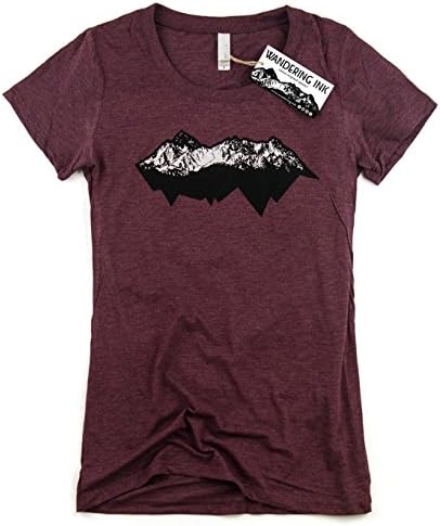 Women's Mountain Range Art Wandering Ink Super Soft Hand Printed Tee Shirt (X-Large, Maroon Triblend)