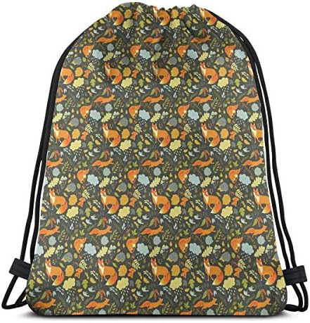 BBABYY Printed Drawstring Backpacks Bags,Forest Fauna Design Fox Squirrel And Birds On Dark Toned Backdrop Nature Elements,Adjustable String Closure