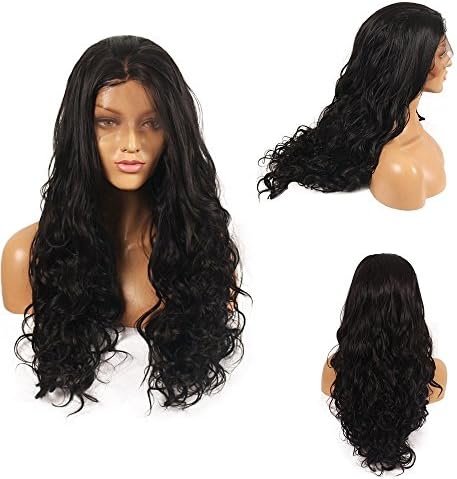 Destiny Love Black Wavy Synthetic Hair Lace Front Wigs Glueless Long Curly Natural Looking Middle Part Heat Resistant Fiber Swiss Lace Wig for Women Half Hand Tied 24 Inches Black