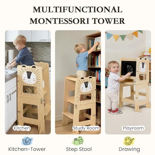 labebe Montessori Tower Kids (98cm Height), Large Size Wooden Folding Montessori Tower, 3 in 1 Kids Desk and Chair Set Transformable with Chalkboard