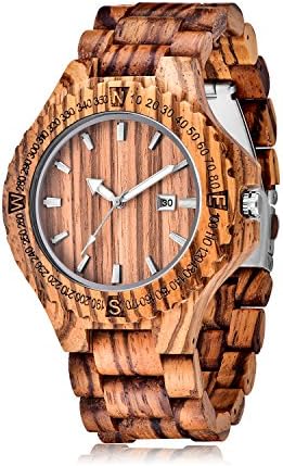Wood Watch for Men with Japan Analog Quartz Movement,Handmade Lightweight Zebrawood Wrist Watch/Calendar/Luminous Pointer/Compass
