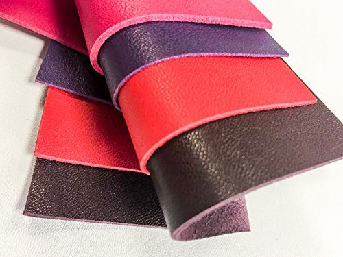 Pink Leather Scraps BRIGHT LEATHER MIX, purple, red, burgundy leather 5x5 inches, 4 pieces