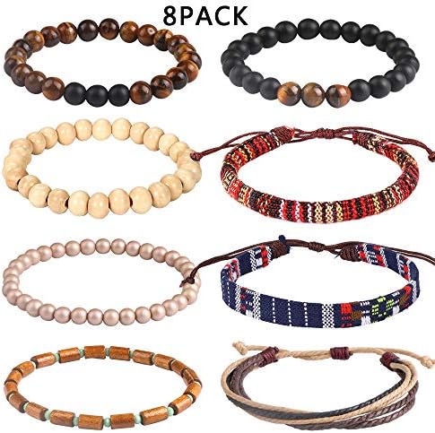 USA Annabel Friendship 7 Chakra Tribal Leather Bracelet for Women Men - 10PCS Wooden Bead Hemp Rope Boho Wood Hemp Bracelet Wristband