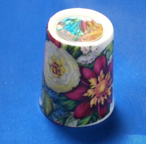 Porcelain China Collectable Thimble - Autumn Floral with Swarovski Crystal - Free Gift Box