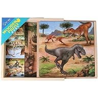 TKMom Dinosaur Jigsaw Puzzles in A Box (Three Wooden Blocks Puzzles, Dinosaur Jurassic Animal, Sturdy Wooden Storage Box, 49 Pieces, 8" H x 8" W x 1.5" L)