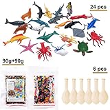 Ocean Sea Animals, Include 24 PCS Mini Sea Animals Toys, 2 Packs Crystal Water Beads, 6 PCS Balloons, Colorful Realistic Sea Life Figures with Rainbow Growing Beads, Sensory Toy Set, Party Favors
